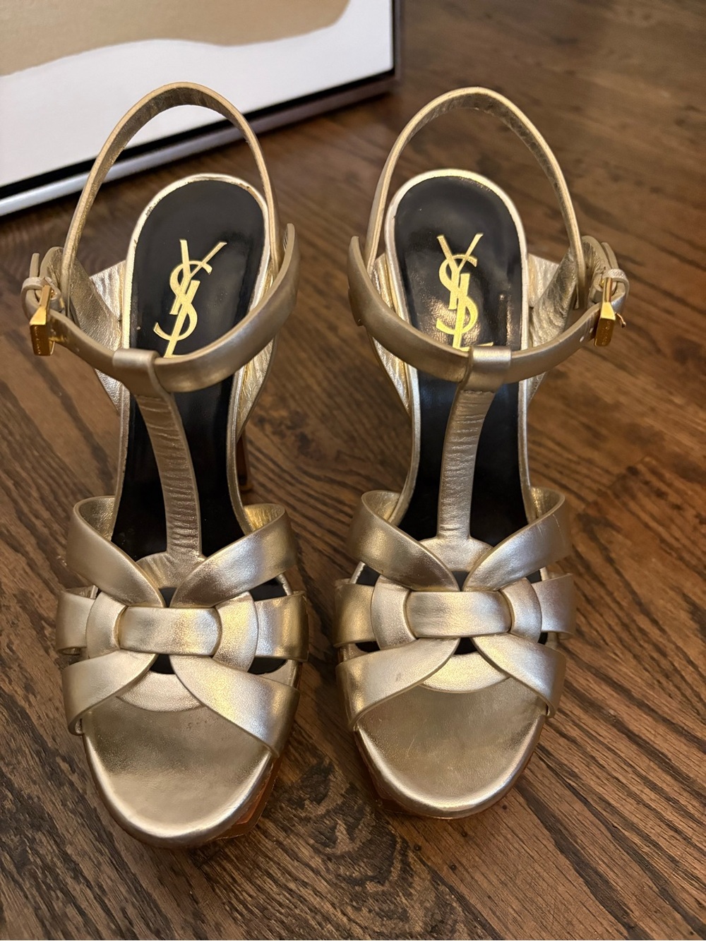 Saint Laurent Metallic Gold Leather T-Strap Heeled Sandals Tribute
